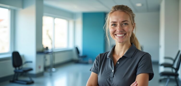 Smiling female therapist stands arms crossed in bright clinic room. Woman offers healthcare support and patient recovery services. Professional cares for physical wellness and fitness needs.