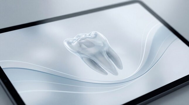 Tablet displaying magnified 3D tooth model. Digital dental care technology. Oral health diagnosis and treatment planning concept.