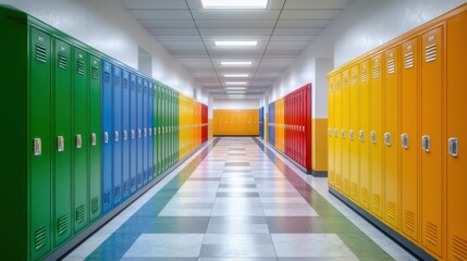 Fototapeta premium Colorful Hallway with Lockers in a School Setting Capturing Vibrant Atmosphere and Unique Design