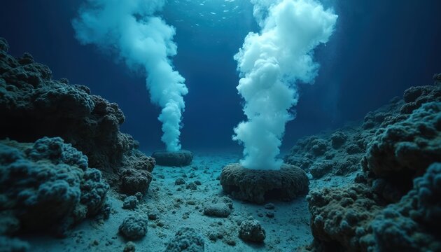 Deep ocean floor with volcanic hydrothermal vents emitting white steam plumes. Rocky seabed with dark underwater landscape. Marine geological activity shown.