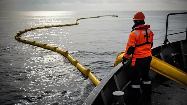 A professional worker in an orange safety jacket and helmet deploying a yellow oil containment boom from a ship into the ocean for environmental protection and spill response.