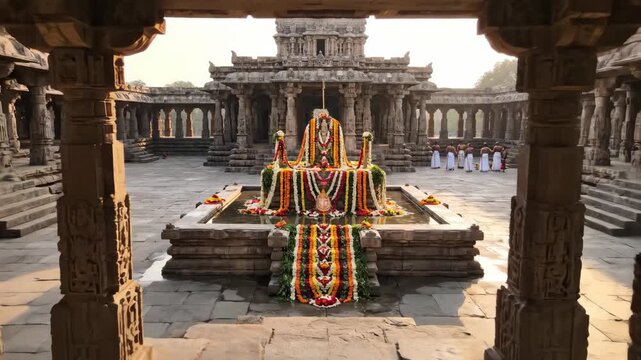Hindu temple festival with decorated altar and colorful garlands in serene setting. Many devotees participate in spiritual rituals and aarti ceremony around temple space.