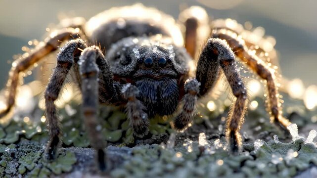 Wolf Spider Macro Covered in Frosty Dew Drops at Golden Hour