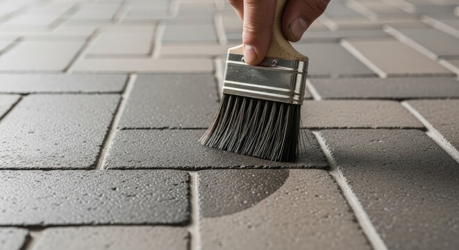 Hand applying protective sealant with a paintbrush to outdoor patio pavers for home improvement