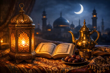 Obraz premium Ornate Lantern and Open Quran with Dates and Golden Teapot — Warm Ramadan Iftar Still Life with Mosque Silhouette and Crescent Moon