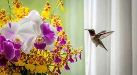 Naklejka premium A hummingbird hovers near vibrant orchids in front of a window with white curtains