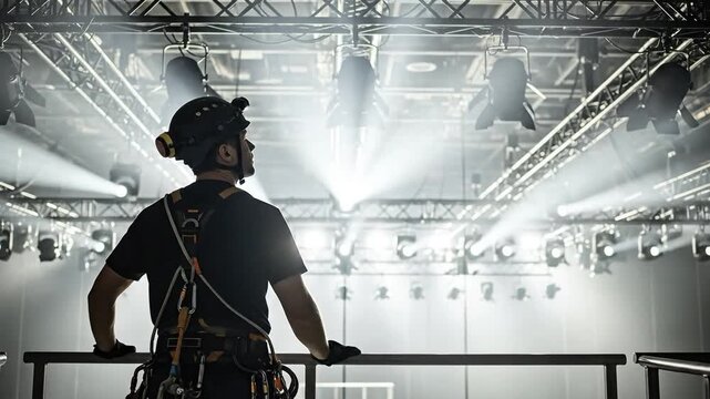 Professional Male Stage Technician in Safety Harness and Helmet Inspecting Lighting Rigging in a Large Theater or Concert Venue