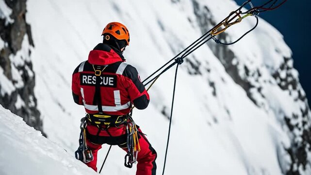 Professional mountain rescue worker in red uniform and orange helmet rappelling down a snowy cliff during a winter search and rescue mission in the mountains.