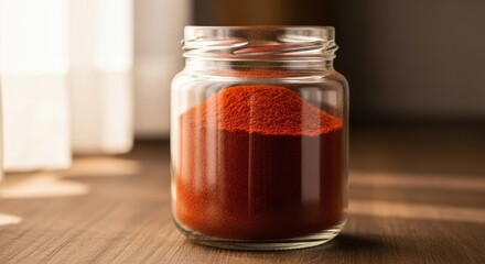 A clear glass jar filled with vibrant red spice, sitting on a wooden surface