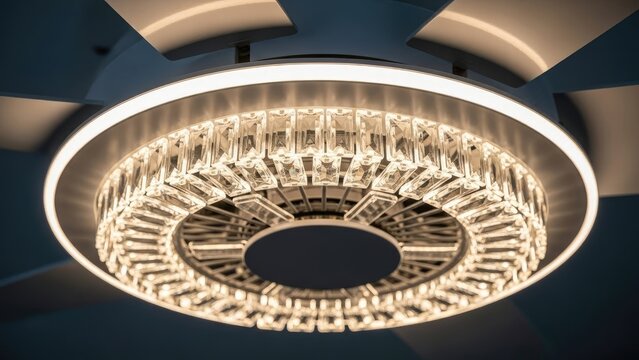 Close-up of a ceiling fan with integrated crystal chandelier lighting