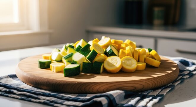 Chopped zucchini and yellow squash on a wooden cutting board, kitchen background