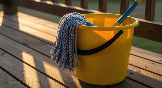 A yellow bucket with a mop rests on a wooden deck, bathed in warm sunlight