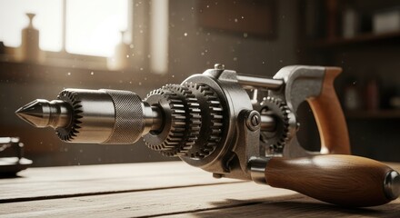 Fototapeta premium Detailed close-up of a vintage hand drill on a wooden work surface with sunlight
