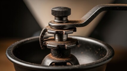 Obraz premium Macro shot of a manual coffee grinder's mechanism, showing details and texture
