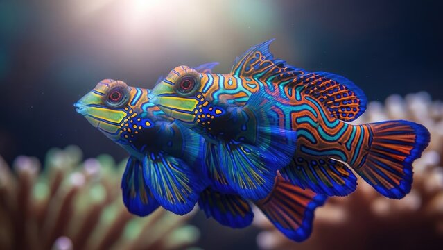 Two brilliantly patterned mandarin dragonet fish swim above coral with bright light