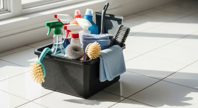 Close-up of cleaning supplies in a black caddy on tiled floor with window light