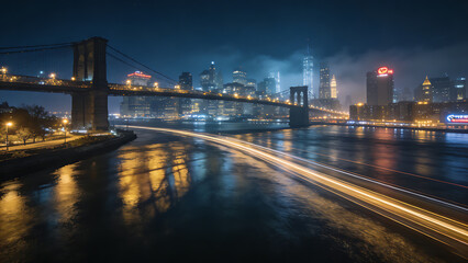 Fototapeta premium longexposure. A nighttime cityscape glows with lights reflecting on the river, captured in a long exposure effect. real-estate listings.