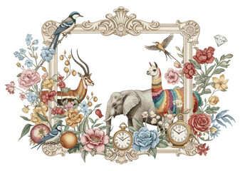 Fototapeta premium Victorian baroque floral frame featuring elephant, llamas, birds, botanical details, elegant classic illustration on white background.