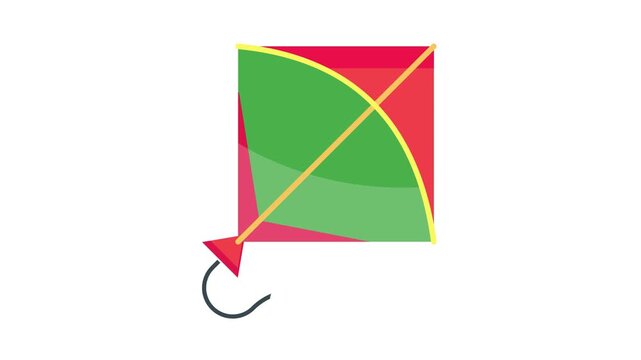 A kite with a striking red and green tail, flying high in the sky on a sunny day.