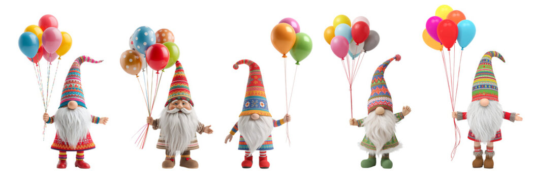 Cute adorable cartoon gnome with holding balloons isolated on transparent background