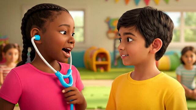Young friends playing doctor; pretending to examine heart, smiling