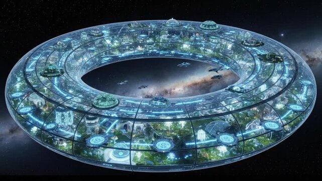 Massive ring station with lush inner gardens in space