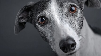 Obraz premium Gentle Greyhound Portrait with Striking Eyes Against a Soft Gray Background in Photography Studio