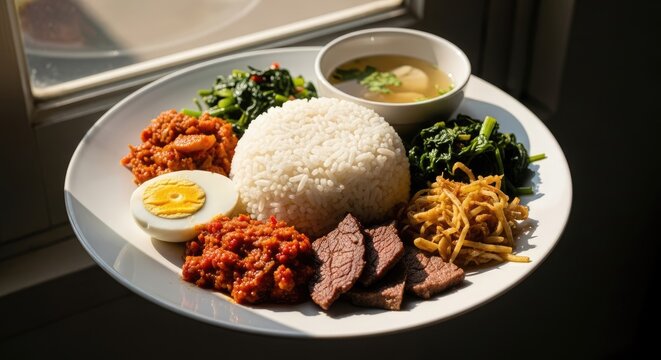 A sunlit plate of Indonesian nasi campur rice with various side dishes, bright and appetizing