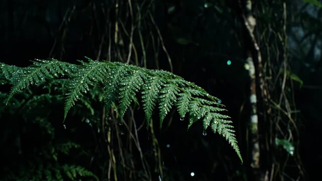 Lush wet fern frond dripping water in dark moody jungle forest