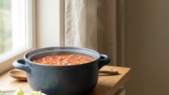 chili pot. A cozy kitchen scene featuring a simmering pot of stew on a wooden countertop near a window, complemented by a plate of fresh herbs and lime wedges