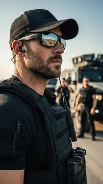 Professional male security contractor in black tactical gear and sunglasses standing outdoors with armored vehicles and team in the background