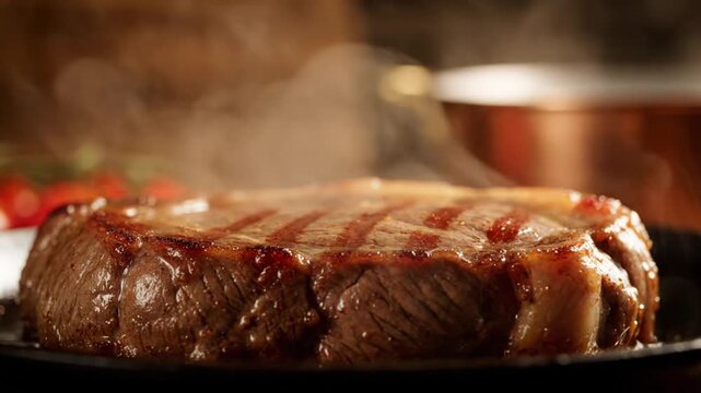 Juicy grilled beef steak with charred crust and marbling on display.