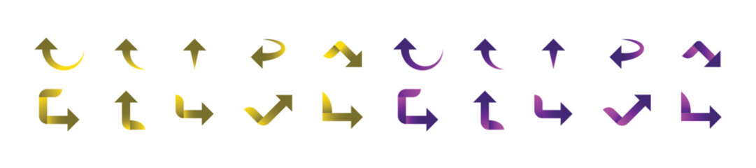 Collection of colorful right facing arrows isolated on white background.