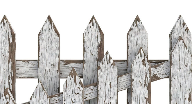 Distressed White Picket Fence with Peeling Paint