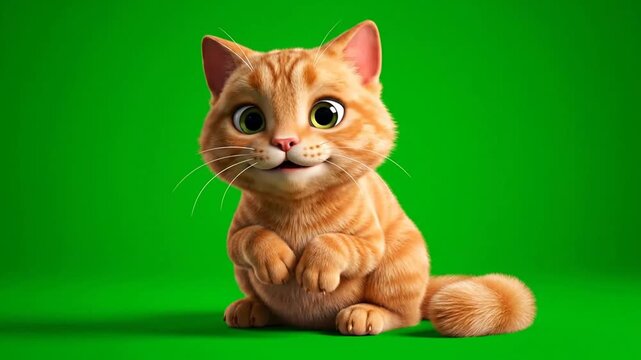 An orange cat sitting on a green background, looking directly at the camera with its paws together