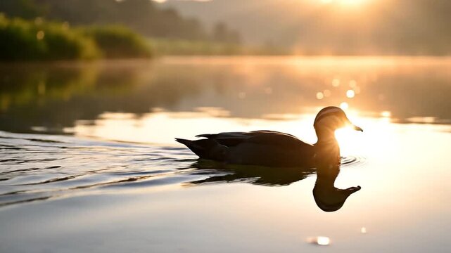 A graceful white swan swims across the calm lake water at sunset, capturing the beauty of wild nature and a perfect reflection of this elegant waterfowl