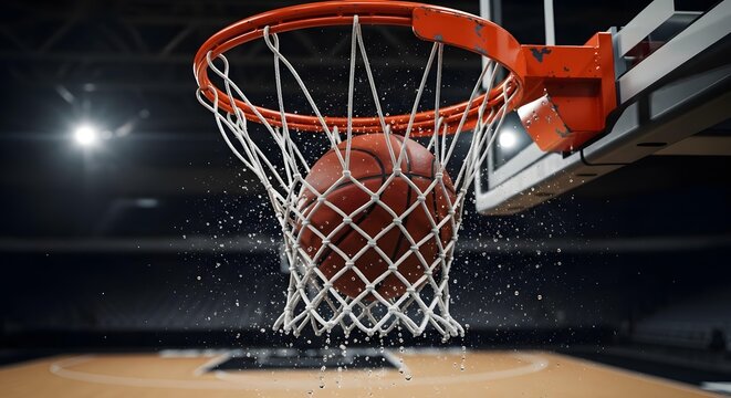 Basketball swishing through the net in a professional indoor basketball court