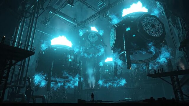 Giant glowing sci-fi reactors in dark underground cavern