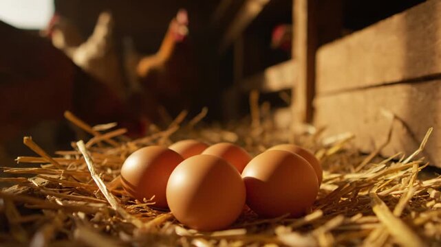Three brown eggs resting in a straw nest inside a rustic farm setting.