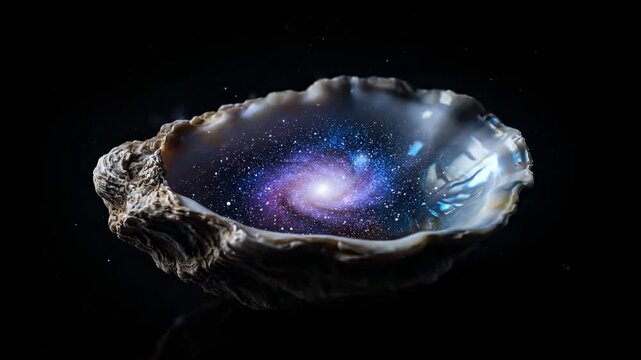 A galaxy swirling within a clam shell against a black background