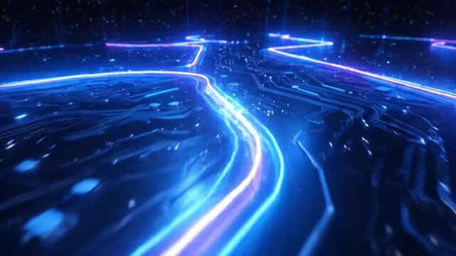 Abstract technology background with glowing lines representing data flow and connectivity.