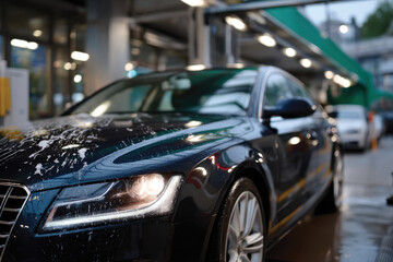 Fototapeta premium A luxurious black sedan with soap bubbles covers its exterior at a car wash, highlighting the importance of maintaining a vehicle's appearance and protecting its finish.