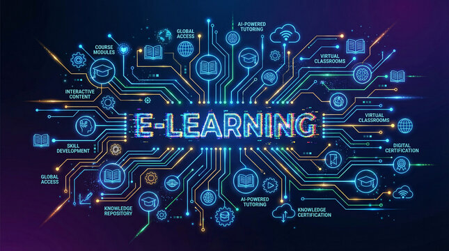 A futuristic digital illustration of e-learning with glowing blue circuits and icons on a dark background
