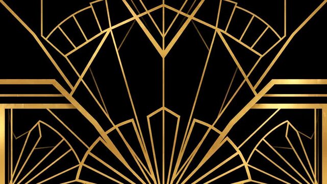 A geometric art deco design featuring golden lines on a black background. Symmetric shapes create a pattern