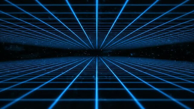 A geometric, digital space with a blue grid overlay. Dark background with glowing lines. Perspective view