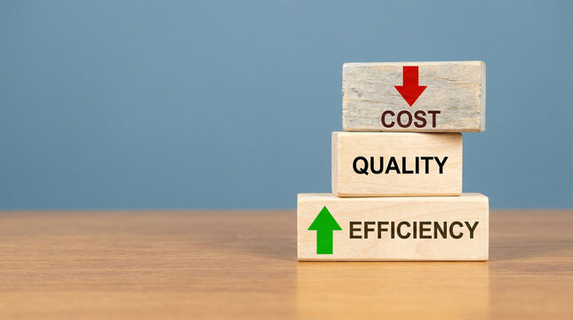 A stack of wooden blocks with cost, , and efficiency written on them, with arrows indicating a decrease in cost and an increase in efficiency.