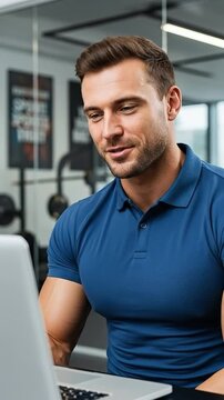 Confident Caucasian male fitness coach in his 30s wearing a blue polo shirt, sitting at a laptop in a modern gym office and gesturing during an online consultation.