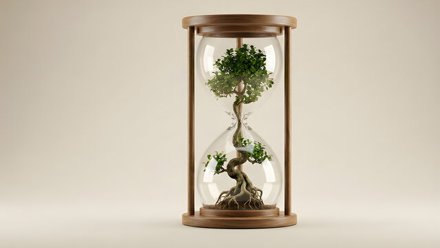 Minimalist realistic photo of a bonsai tree growing inside an hourglass representing time and patience.
