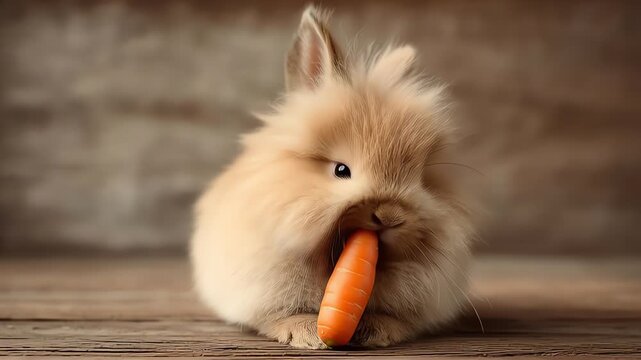Cute Fluffy Baby Rabbit Eating Carrot on Rustic Wood Surface