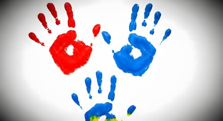 Vibrant handprint art with red blue and yellow colors on white background